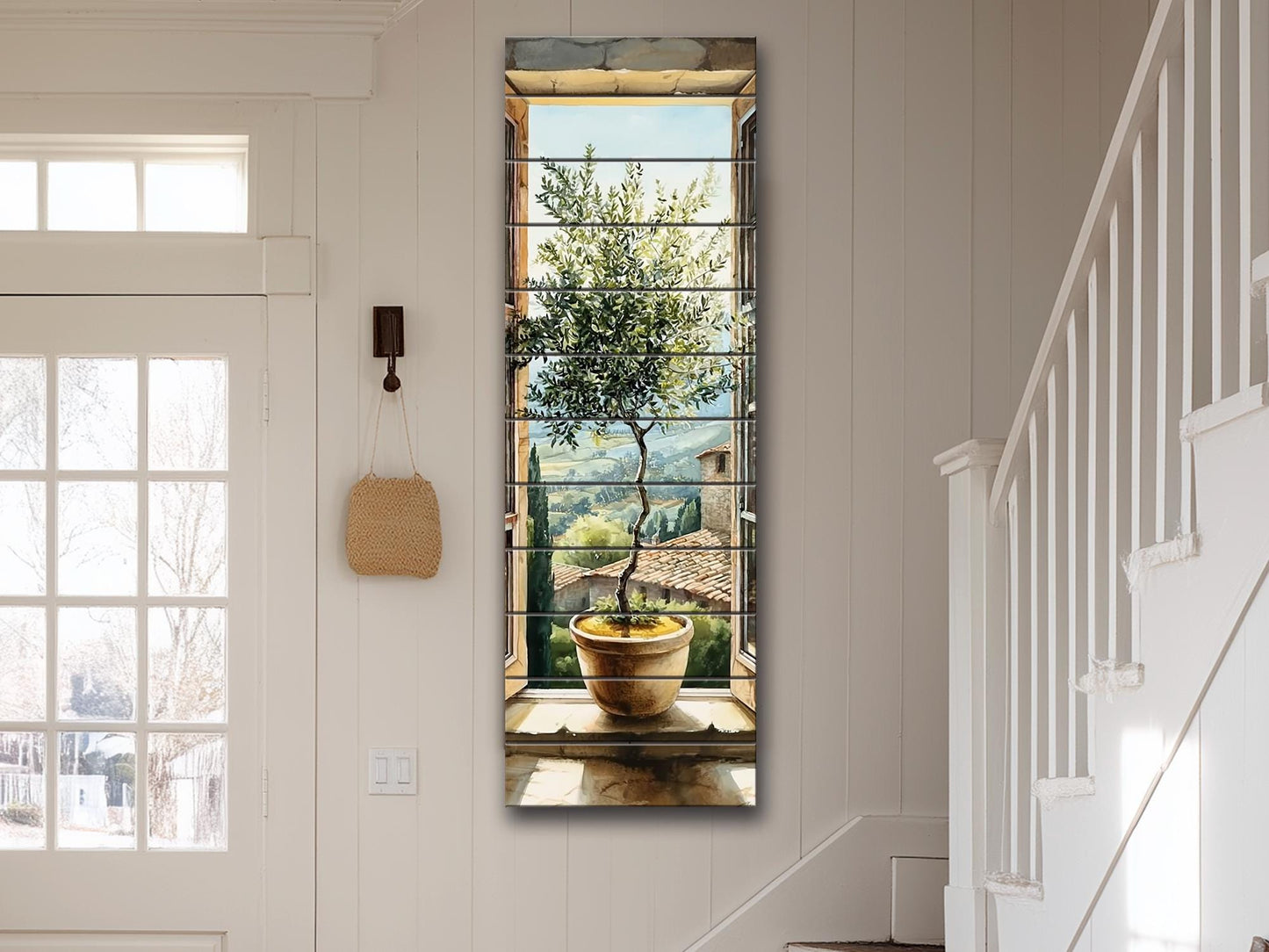 Window with Olive Tree Print on Wood, Tuscan Wall Art, Italian Watercolor Decor