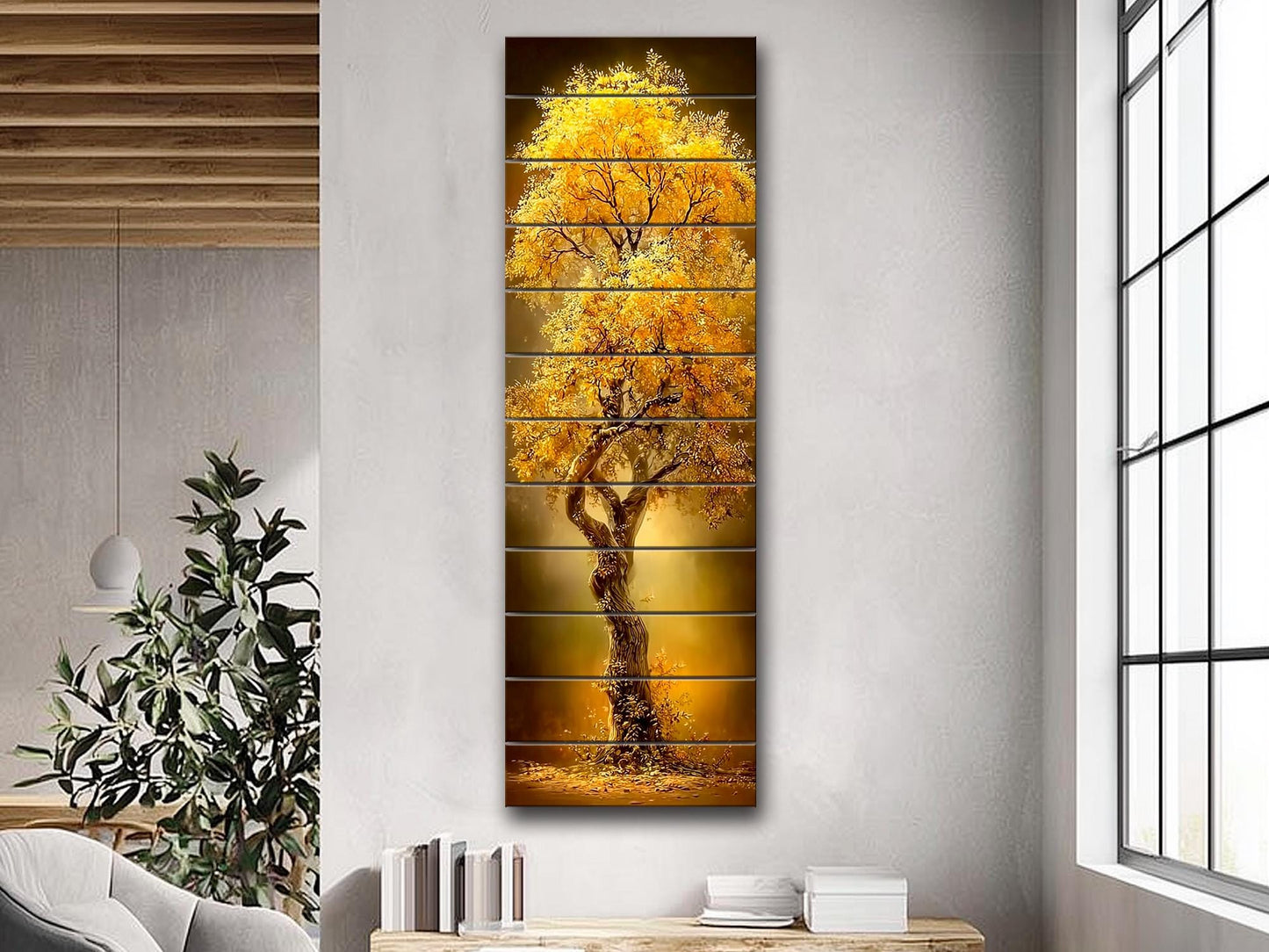 Golden Tree Print on Wood – Tree with Golden Leaves, Modern Rustic Wall Decor