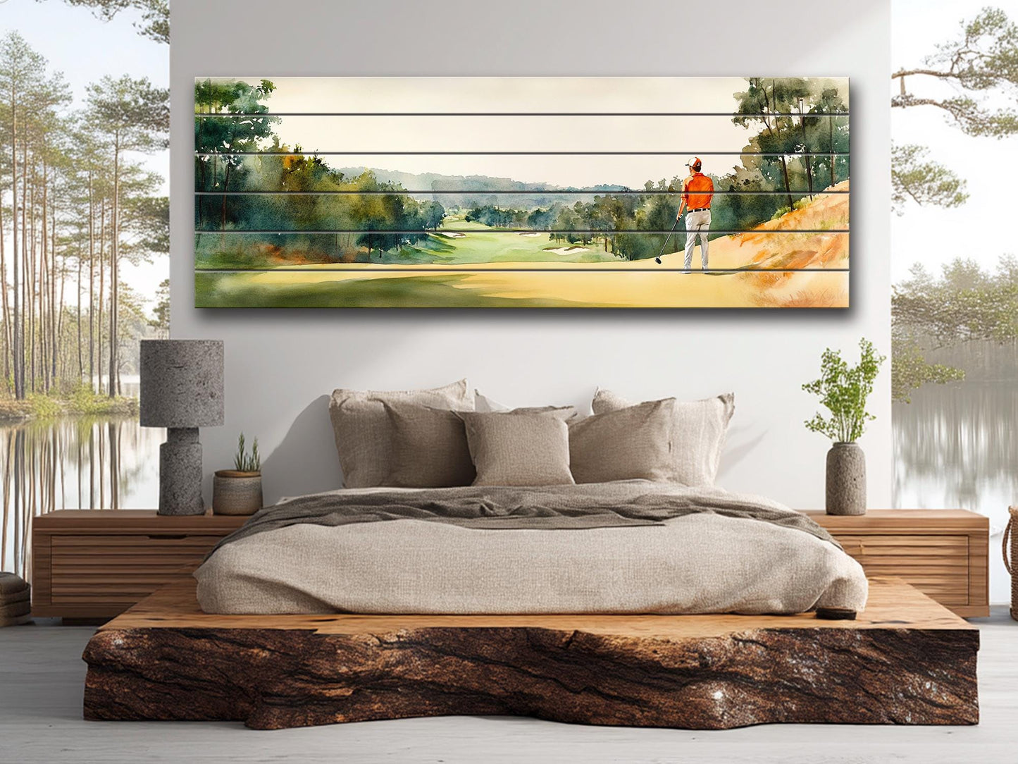 Golf Player Wall Art – Abstract Sports Painting on Natural Wood Print