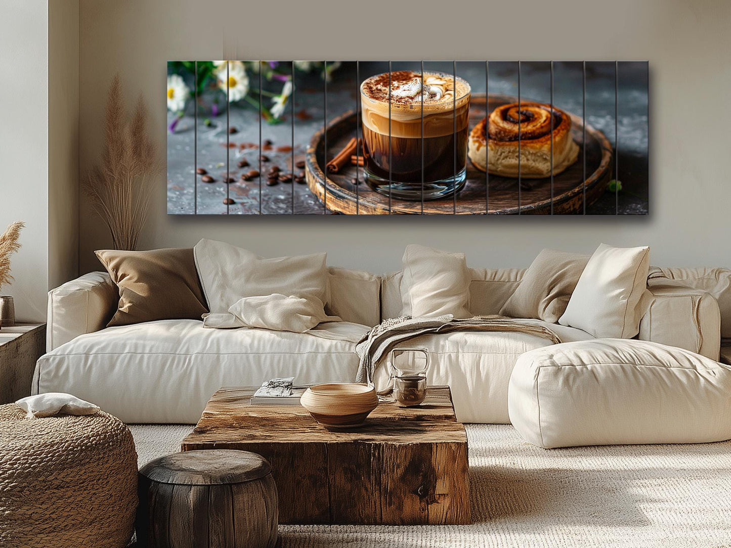 Rustic Kitchen Wall Art – Coffee Cinnamon Print on Natural Wood Plank Decor