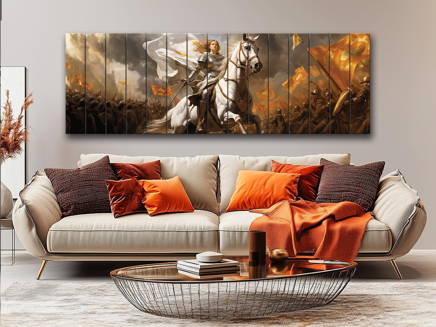 Warrior on Horse Print – Natural Wood Art | Medieval Battle Scene Wall Hanging