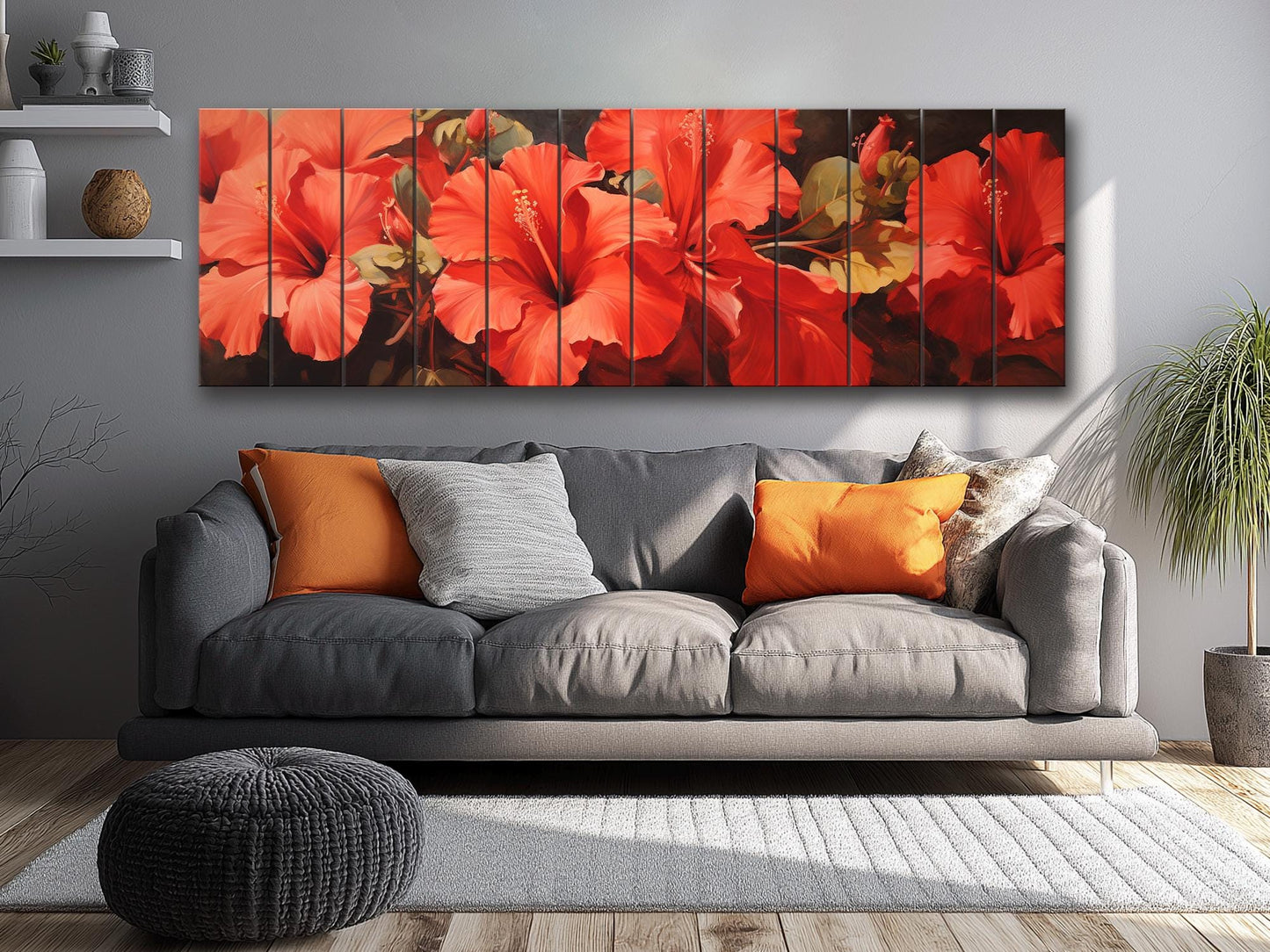 Red Hibiscus Wood Print – Natural Wood Wall Art | Impressionist Floral Decor
