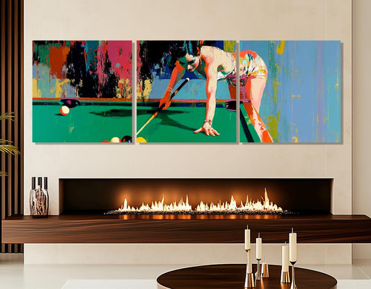 Billiards Wall Art - Lady Playing Billiards Framed Canvas Print | Retro Vintage Decor