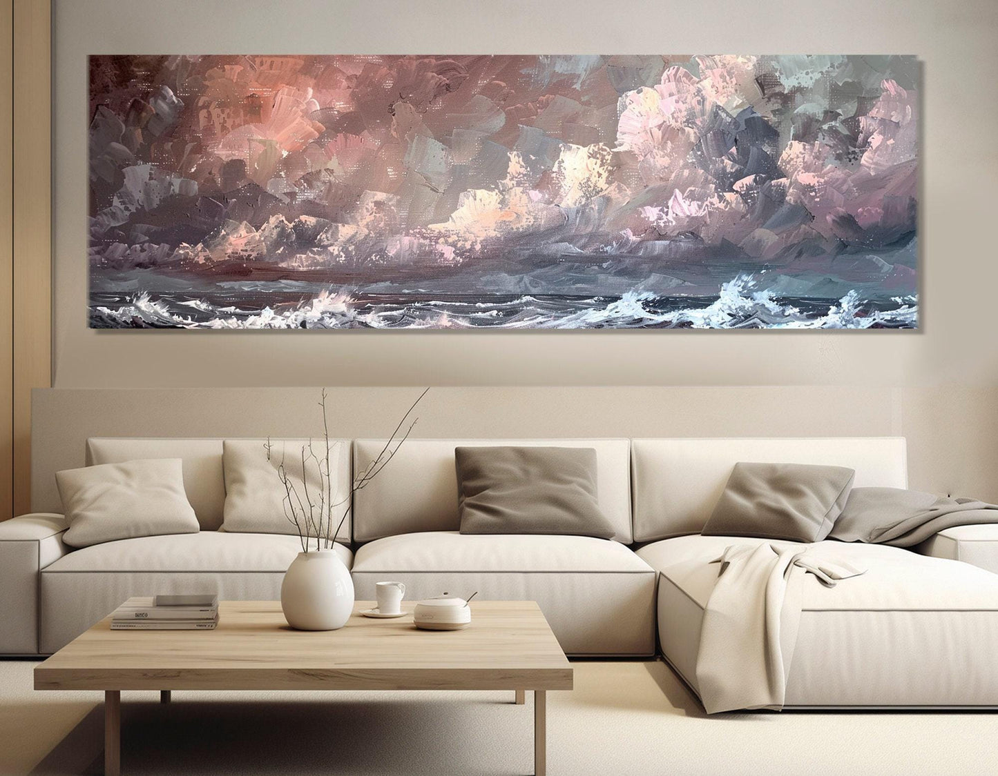 Abstract Canvas Print – Stormy Sea Art with Soft Pink Wall Decor | Ready to Hang