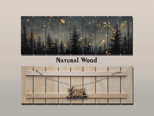 Wood Wall Art - Pine Forest Print | Starry Sky Painting on Wood Plank Art