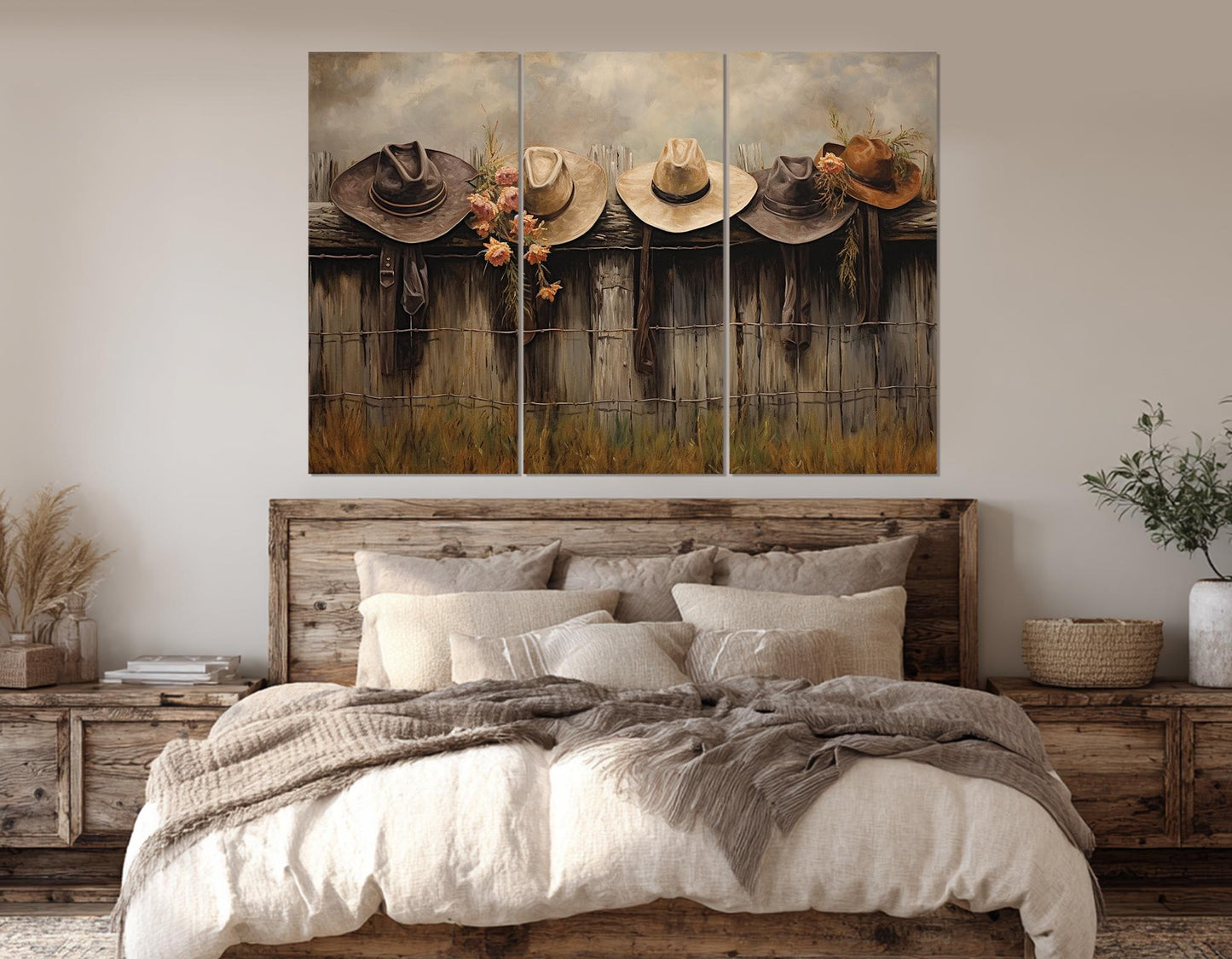 Rustic Fence Canvas Print – Farmhouse Wall Decor With Hanging Hats Artwork, Ready to Hang