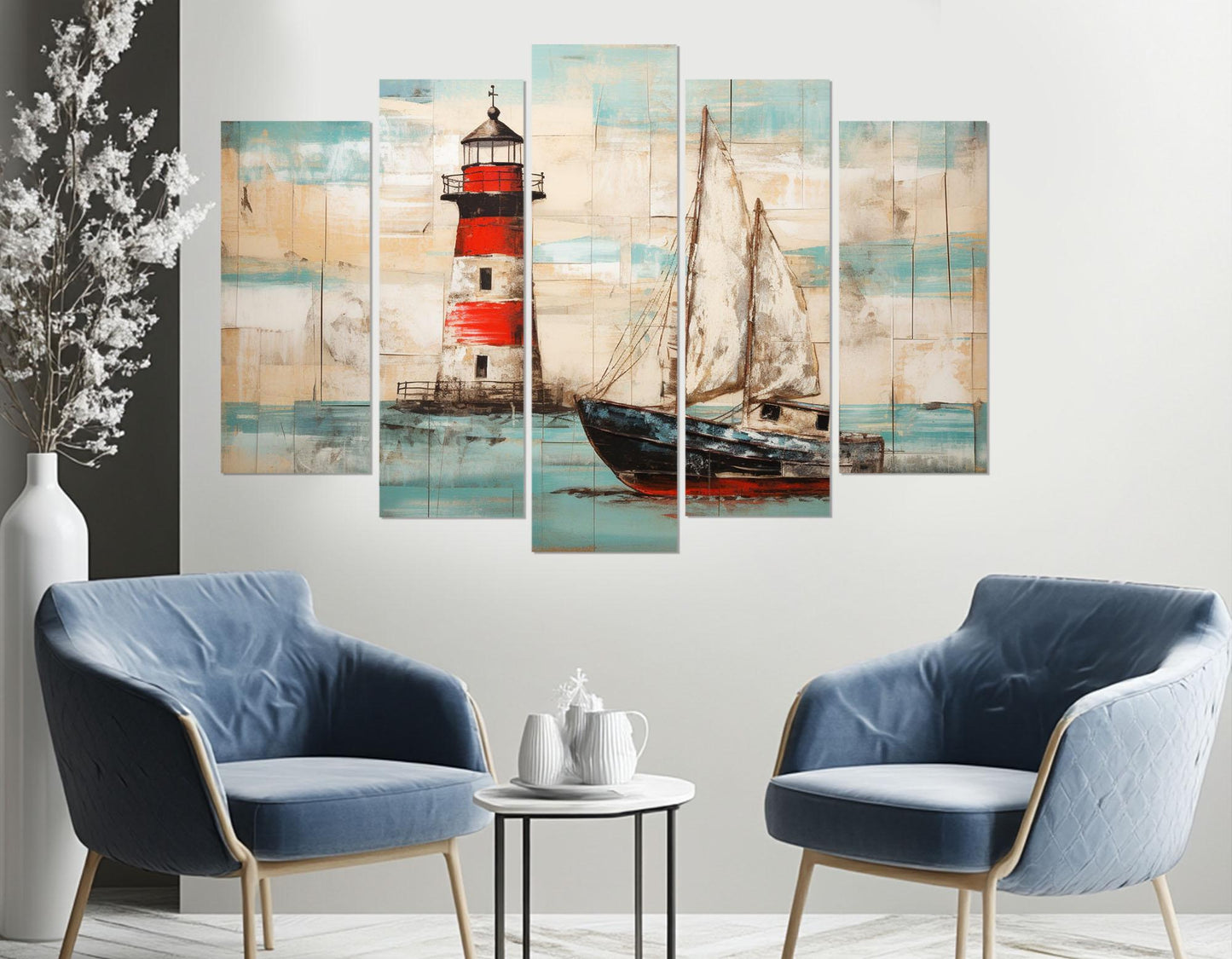 Nautical Wall Art - Rustic Lighthouse Canvas Print With Sailboat Painting, Framed & Ready To Hang