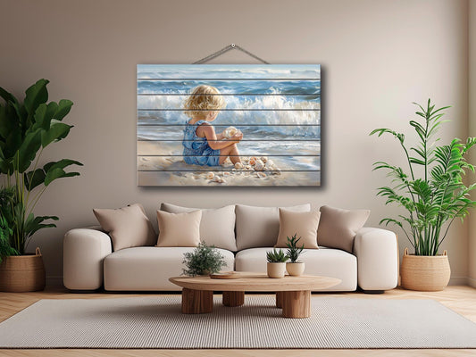 Wood Wall Art – Abstract Beach Wall Decor With Kid Playing on Wood Print