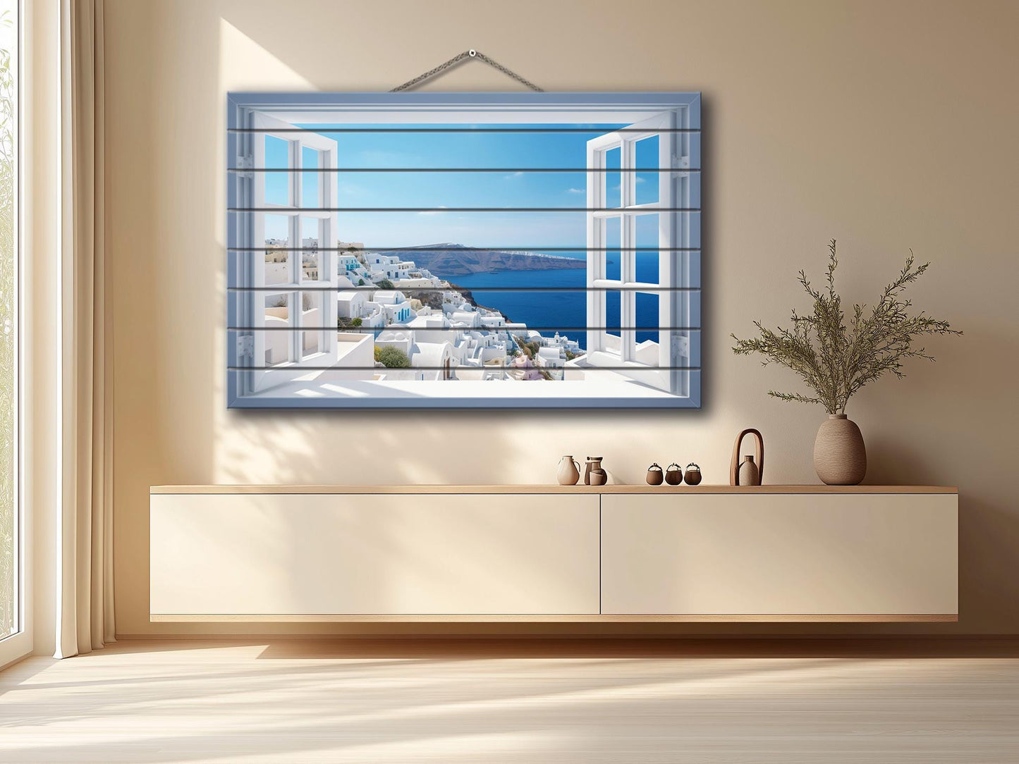 Santorini Wood Art - Natural Wood Print | Open Window Wall Decor on Planks