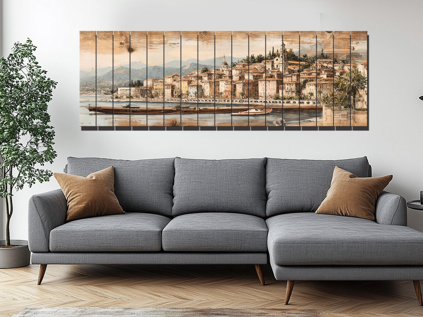 French Riviera Wood Print – Rustic Wall Art With Beige Pastel Painting On Distressed Wood