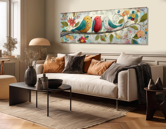 Folk Art Canvas Print – Birds on Floral Branch | Rustic Wall Decor, Ready to Hang