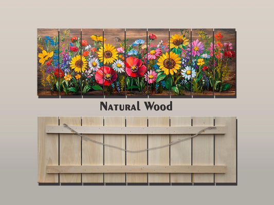 Wood Wall Art – Rustic Floral Wall Art with Daisy Sunflower Poppy Summer Print