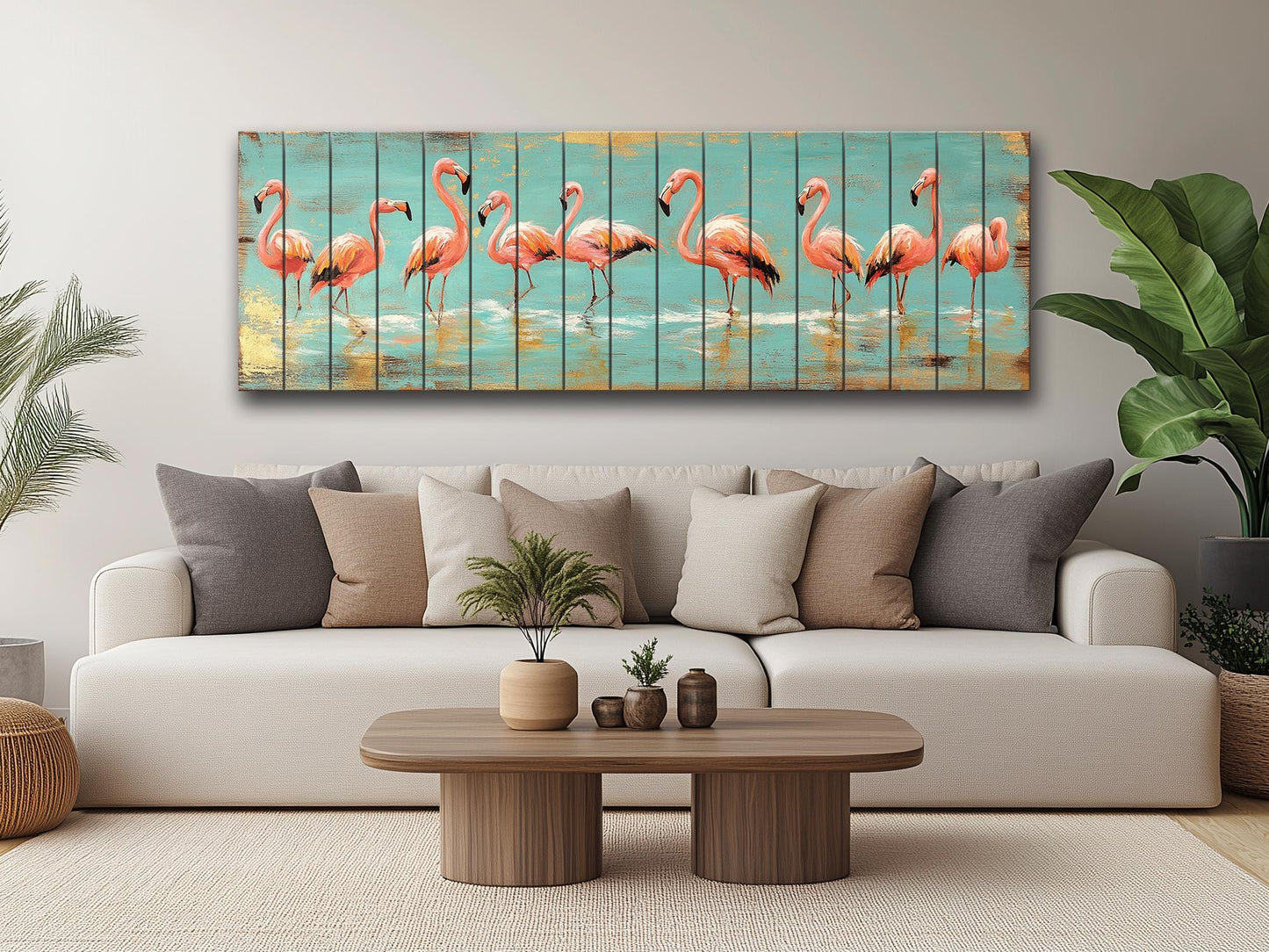 Wood Wall Art – Flock of Graceful Flamingos Print on Natural Wood, Rustic Flamingo Painting, Flamingo Wall Art, Soft Tones Birds Wall Art
