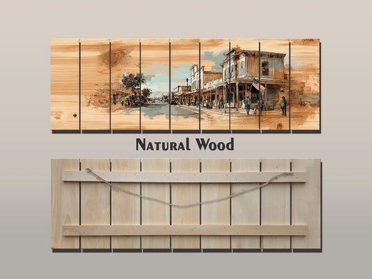 Americana Wood Wall Art | Rustic Wood Print of Vintage Street Painting for Farmhouse Decor