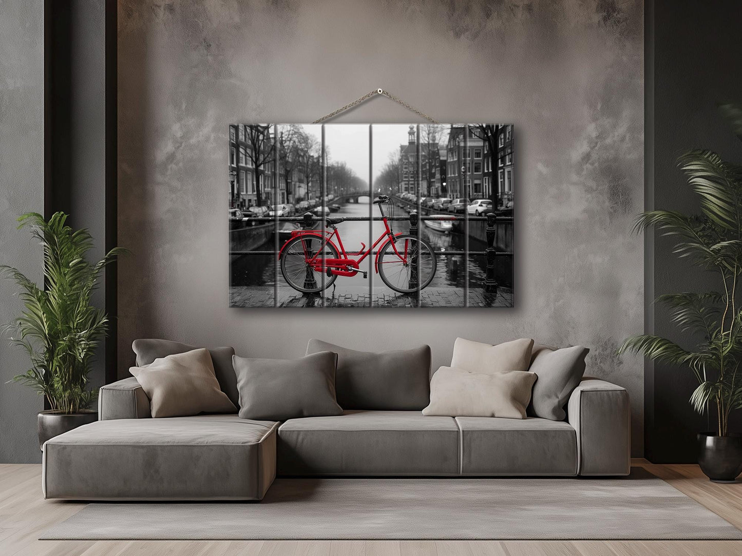 Wood Wall Art - Red Bicycle in Amsterdam Print on Wood, Netherlands Wall Art, Black and White Amsterdam Wood Print, Rustic Amsterdam Art