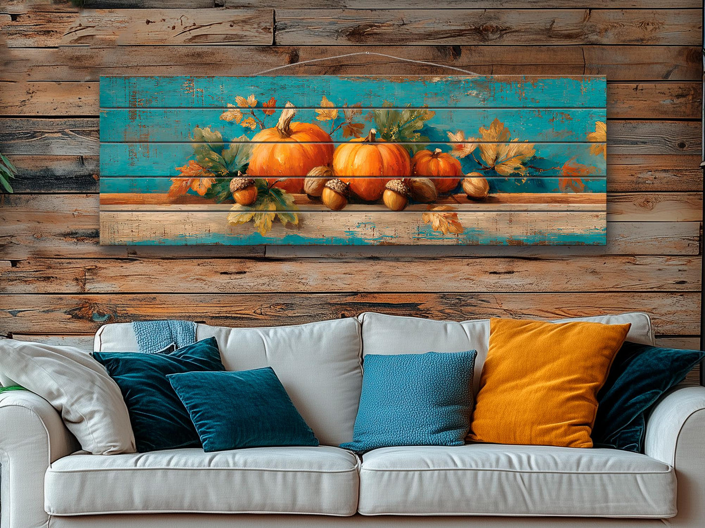 Wood Wall Art - Rustic Scene with Pumpkins, Leaves, and Acorns Print on Natural Wood, Farmhouse Wall Decor, Cozy Cabin Wall Art, Farm Decor