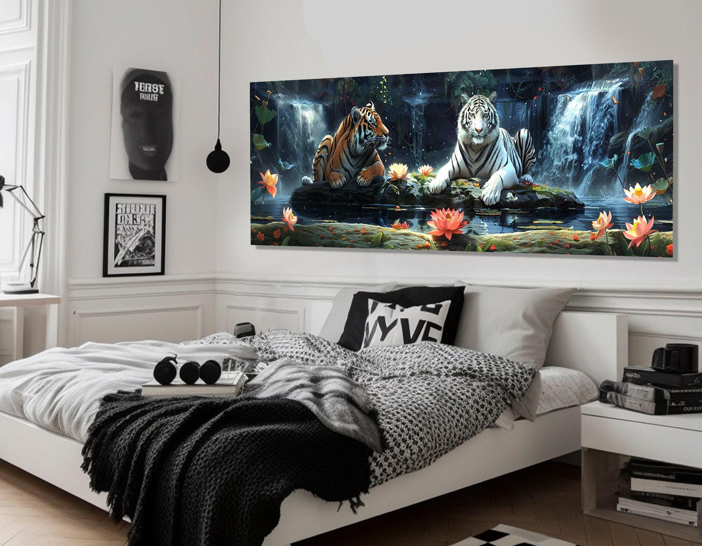 Tigers Wall Art – Scenic Tiger Painting on Cotton Canvas | Large Framed Poster