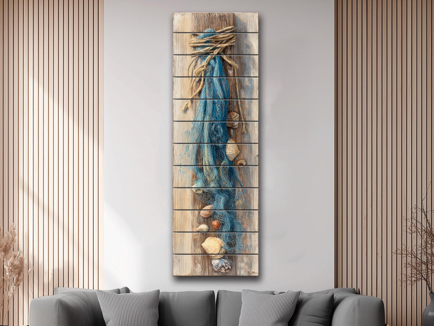 Wood Wall Art - Seashell Print – Nautical Coastal Decor – Fishing Net Beach Print on Natural Wood