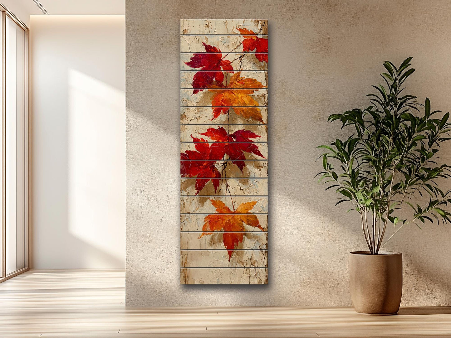 Rustic Wooden Wall Art – Falling Maple Leaves Print on Natural Wood Planks