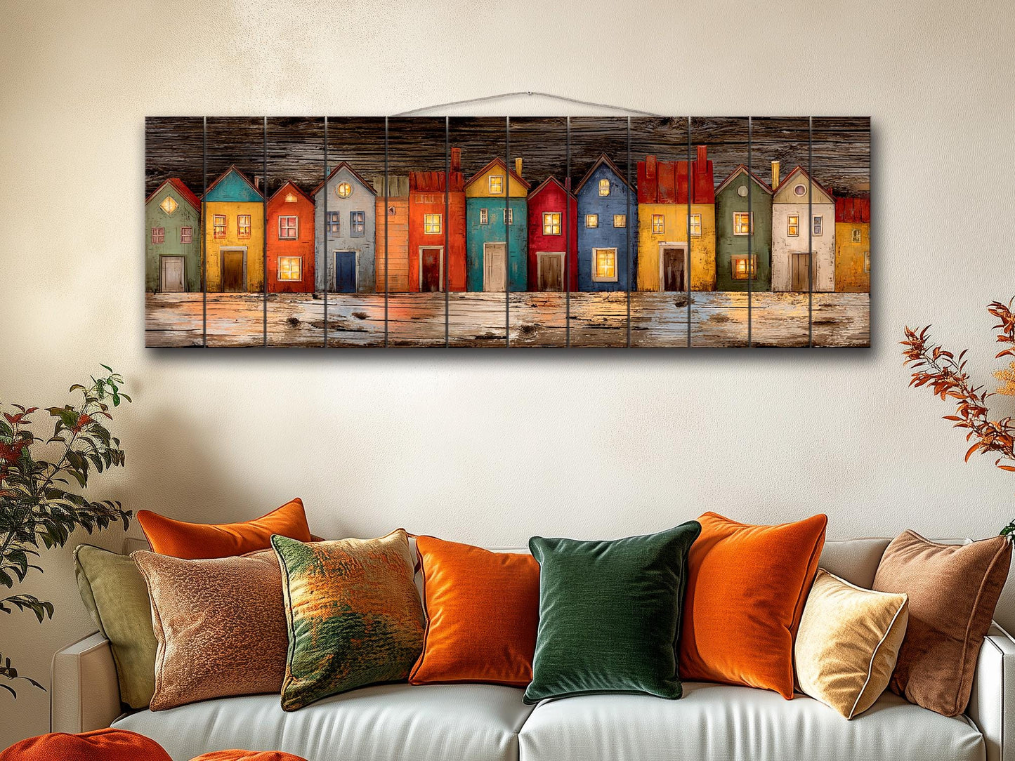 Wood Wall Art – Colorful Houses Print on Natural Wood with Glowing Windows