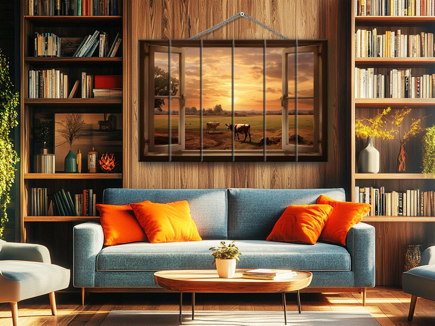 Rustic Wood Wall Art – Open Window Farmhouse Landscape Decor on Natural Wood Planks