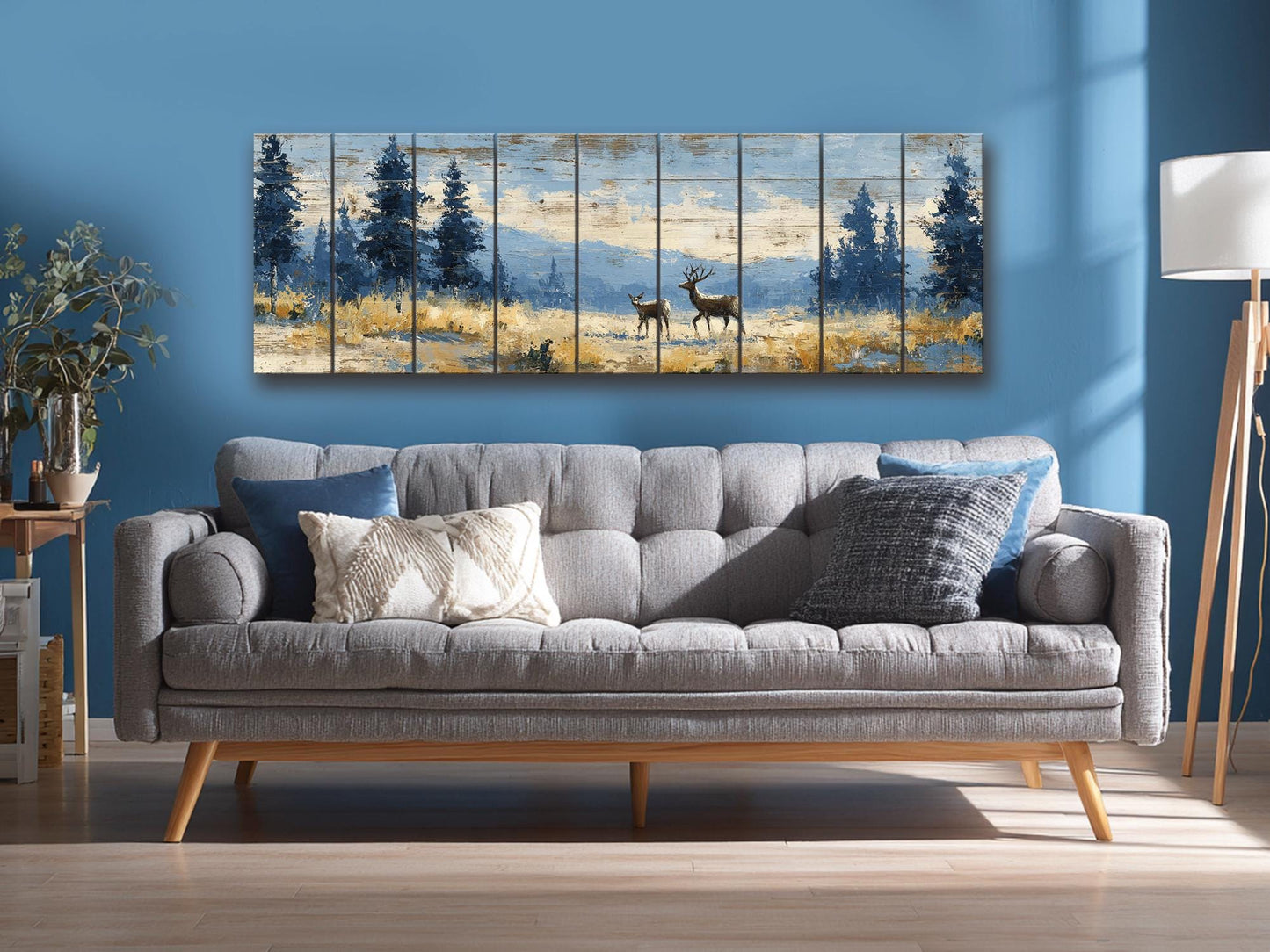 Deer Wood Art – Rustic Cabin Decor | Handcrafted Natural Wood Print with Meadow Deer Painting