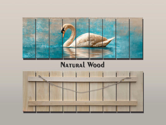 Swan Print Wood - Elegant Wildlife Wall Art | Rustic Farmhouse Beige Blue Painting