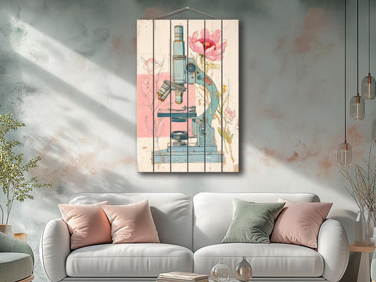 Rustic Wood Wall Art – Floral Microscope Print | Science Wall Decor On Wood Panel