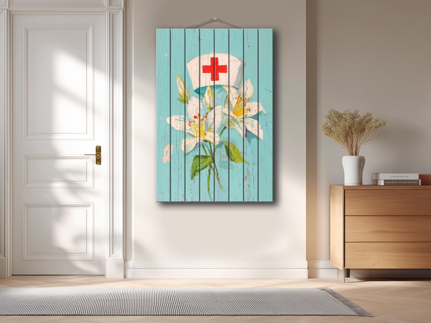 Rustic Wood Wall Art – Nurse Cap Wall Decor with Lilies – Farmhouse Medical Art Printed on Wood