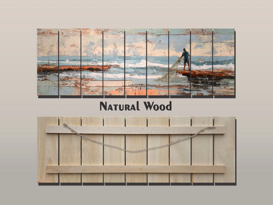 Fisherman Print Wood - Rustic Coastal Wall Art With Sea Nets & Calm Sky Painting
