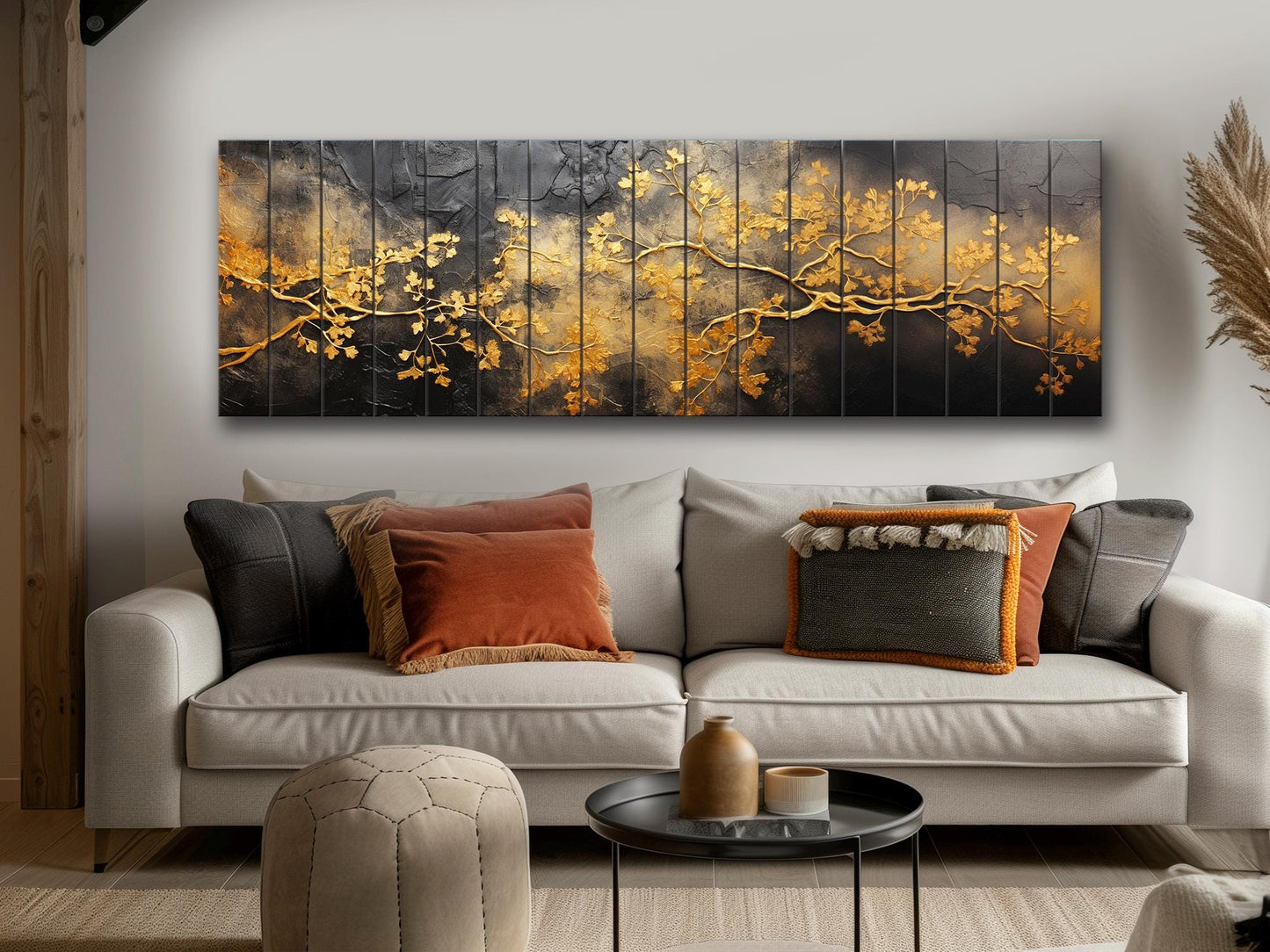 Wooden Wall Art – Gold Tree Branches Print on Natural Wood | Abstract Black & Gold Decor