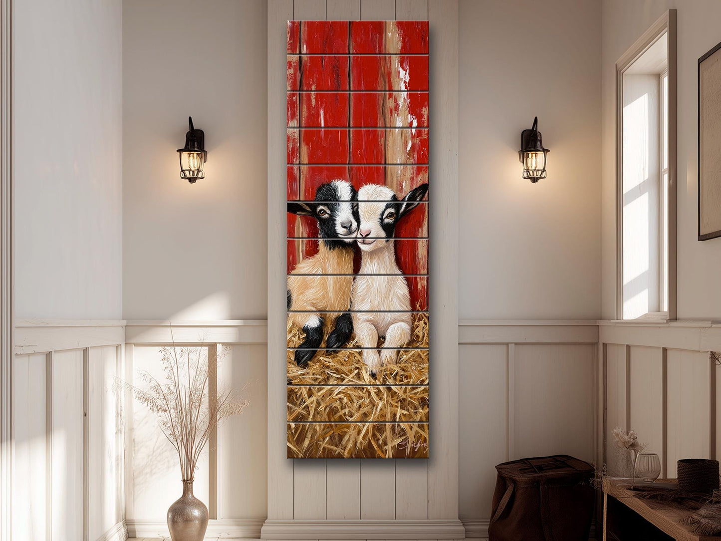 Rustic Wood Wall Art – Two Baby Goats Resting in Straw Next to Red Barn Wall, Farm Animal Print on Natural Linden Wood, Farmhouse Decor