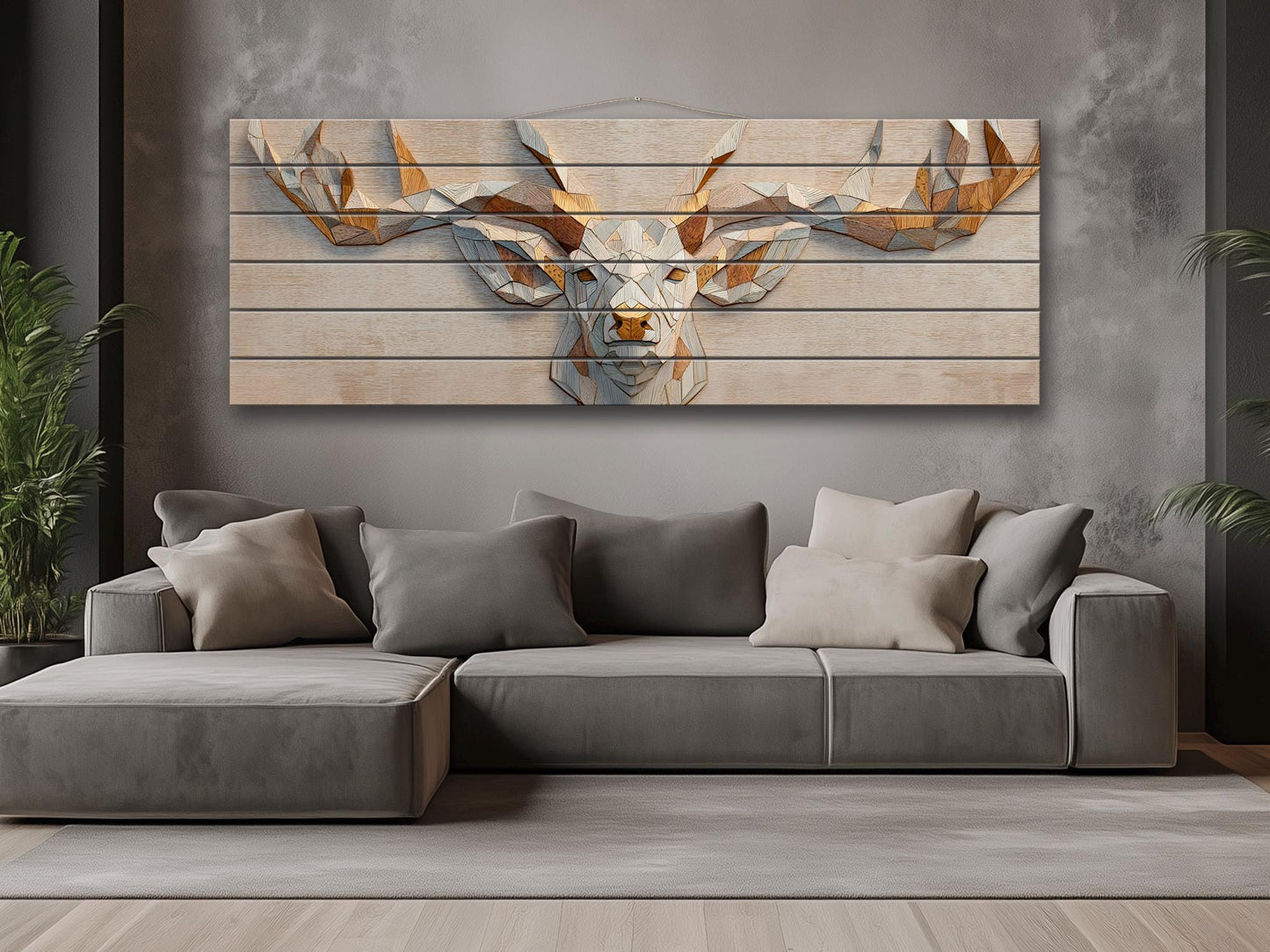 Deer Print Wood - Geometric Antlers Art | Rustic Wildlife Wall Art With Gold Accent