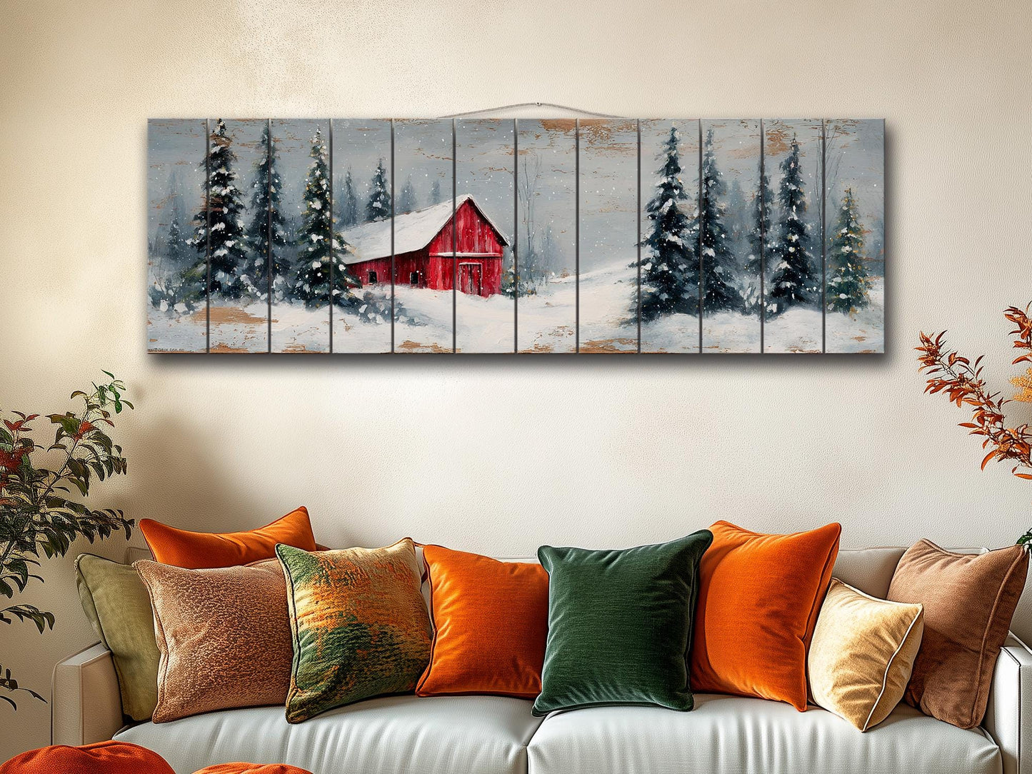 Peaceful Snowy Landscape with Red Barn and Pine Trees Print on Natural Wood, Rustic Cabin Wall Decor, Winter Forest Wall Art, Wood Wall Art