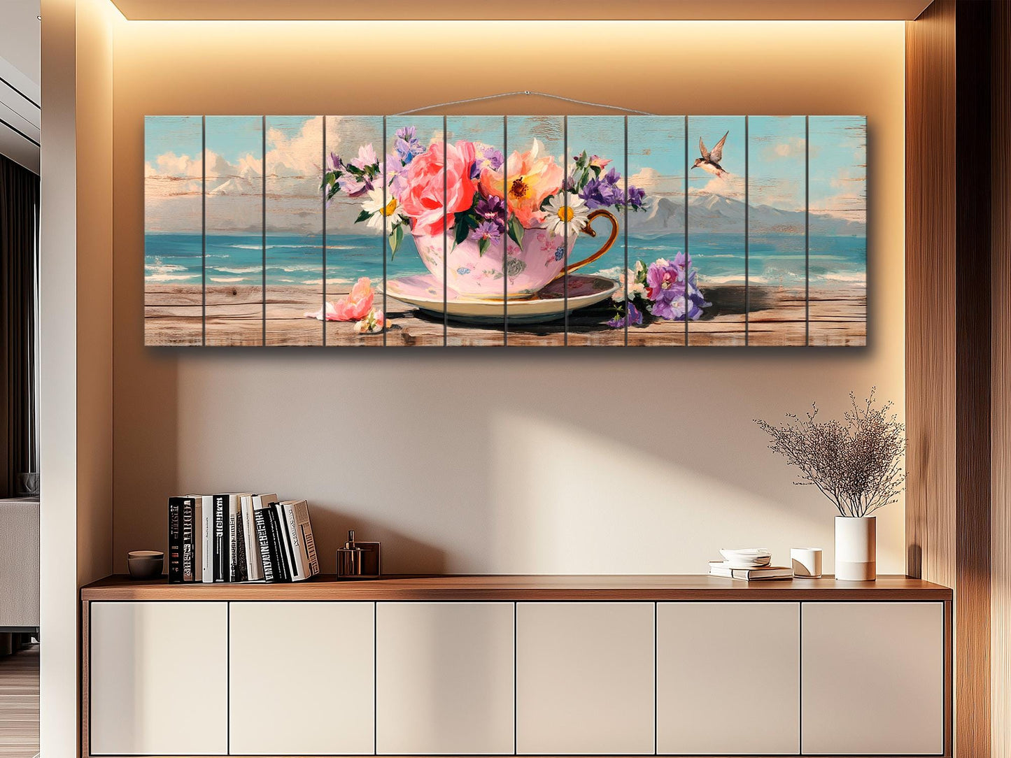 Wood Wall Art – Vintage Floral Teacup Print | Coastal View Artwork on Natural Wood