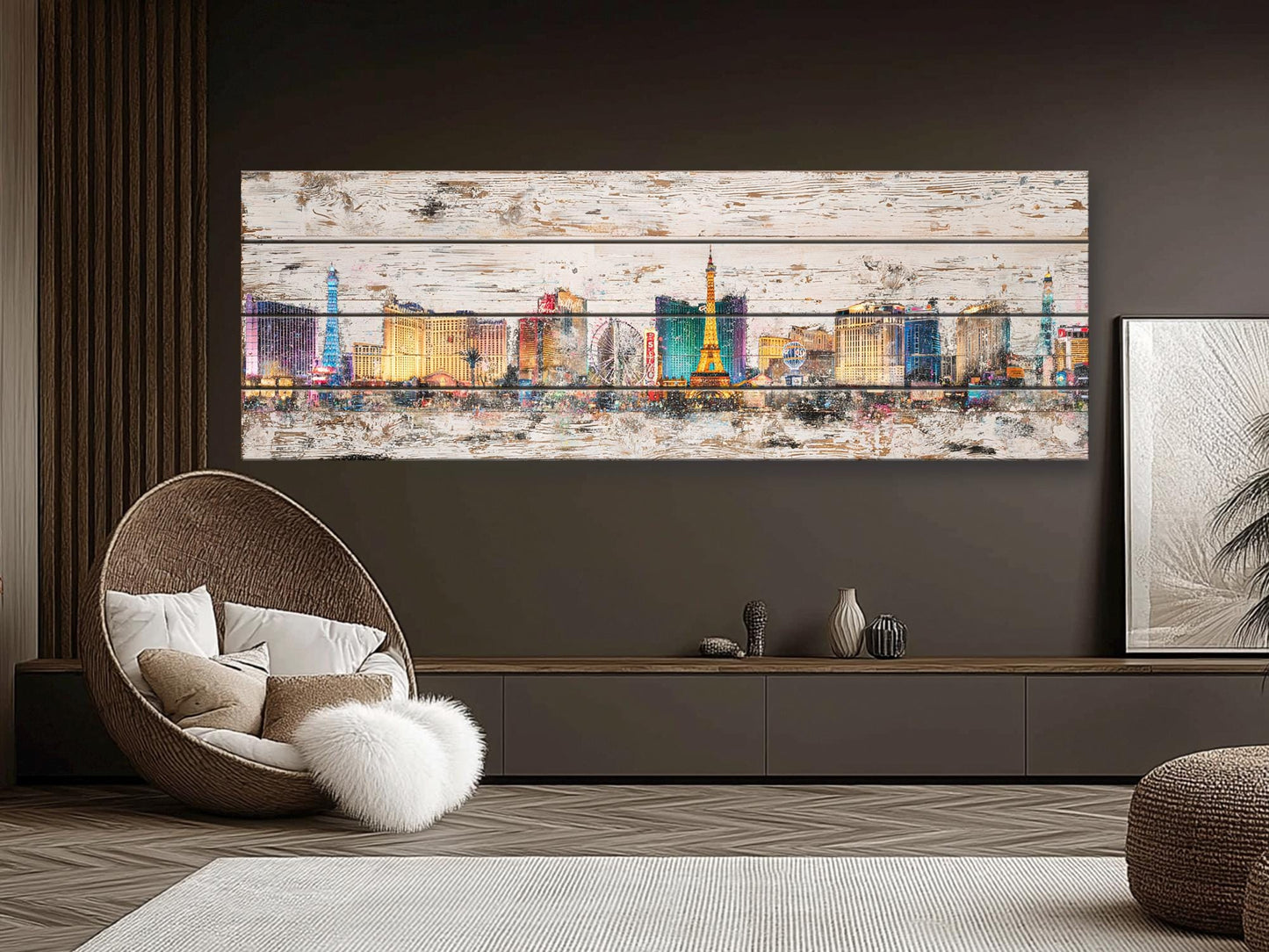Rustic Las Vegas Painting – Panoramic Wood Wall Art with Neon Lights Print