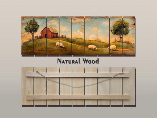 Rustic Wooden Wall Art - Sheep Grazing Print on Natural Wood for Cozy Cabin Decor