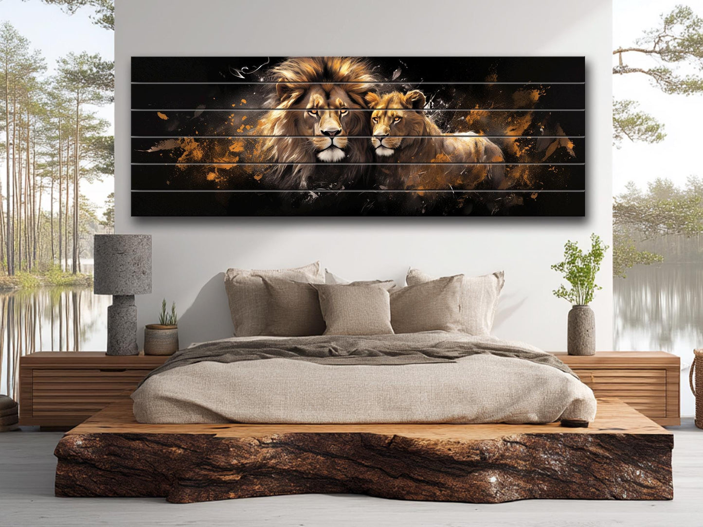 Lions and Lionesses in Love Printed On Natural Wood – Animal Wall Decor