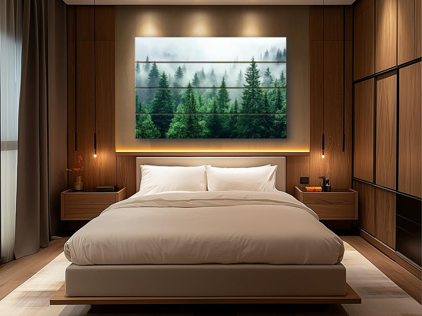 Rustic Wood Wall Art - Pine Forest Print on Natural Wood Planks | Misty Foggy Decor