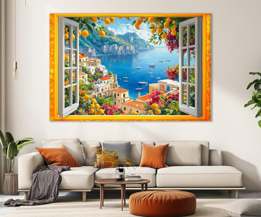 Open Window with Amalfi Coast Canvas Print, Amalfi Painting, Window to Italy, Amalfi Wall Art, Framed and Ready to Hang