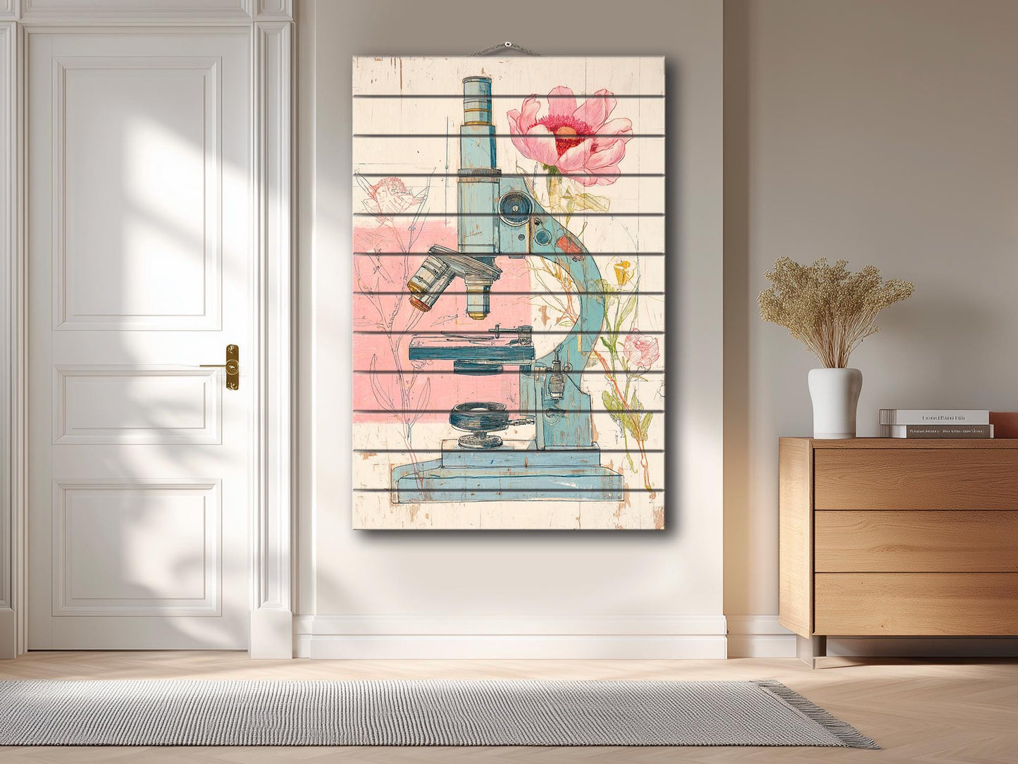 Rustic Wood Wall Art – Floral Microscope Print | Science Wall Decor On Wood Panel