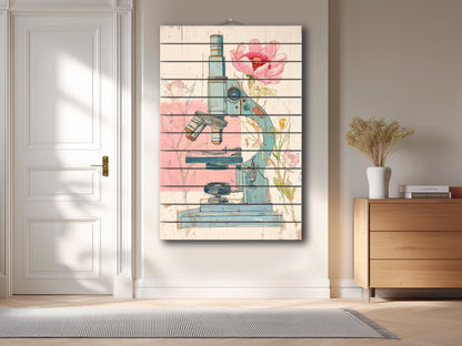 Rustic Wood Wall Art – Floral Microscope Print | Science Wall Decor On Wood Panel
