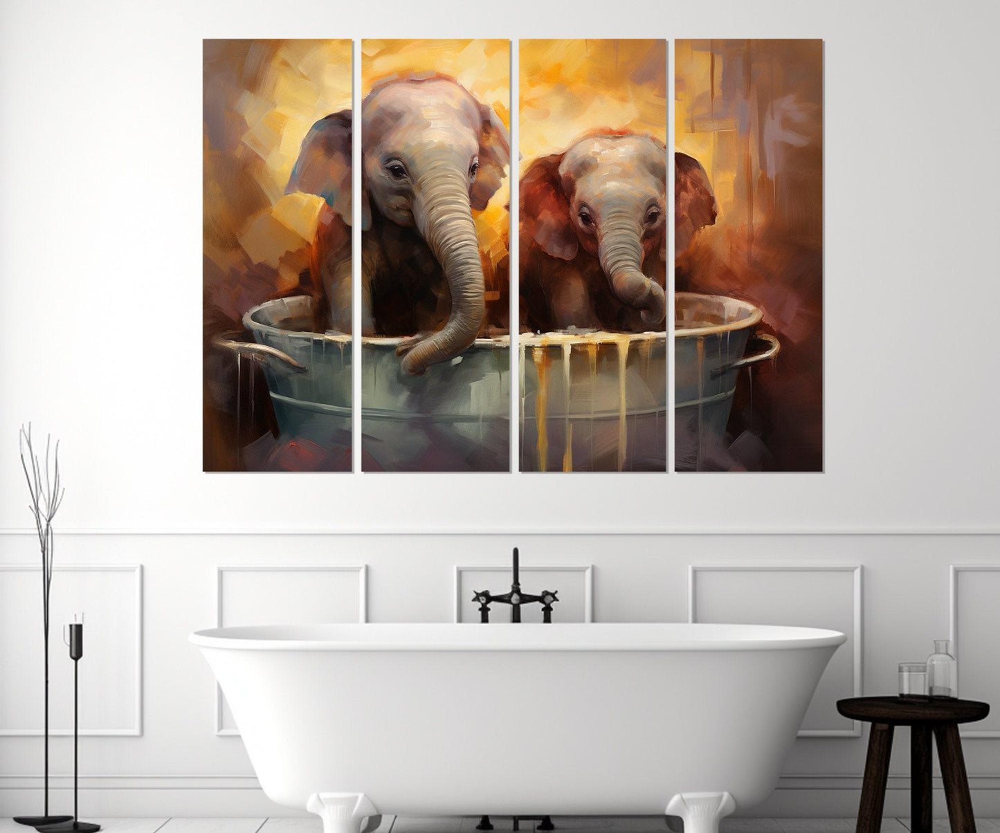 Cute Elephants in the Bathtub Canvas Print, Bathroom Wall Decor, Framed and Ready to Hang