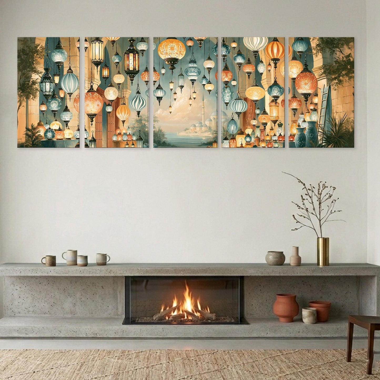 a cozy living room with a fireplace, a shelf with decorative items, and a wall art display featuring a collection of colorful lanterns hanging above the fireplace.