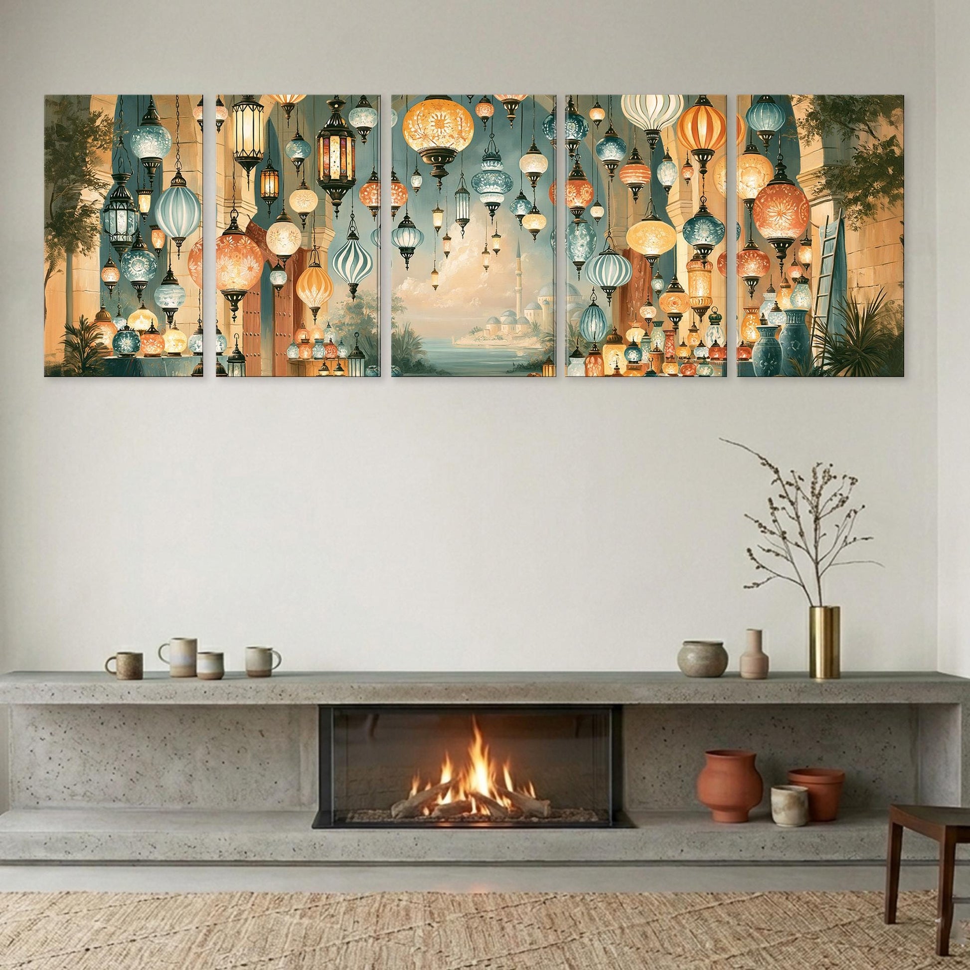 a cozy living room with a fireplace, a shelf with decorative items, and a wall art display featuring a collection of colorful lanterns hanging above the fireplace.