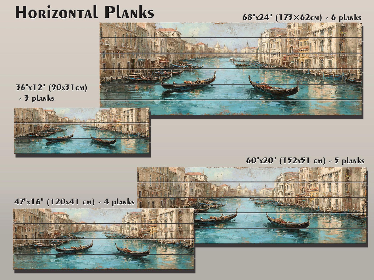 Venice Canal Painting – Turquoise Beige Gondola Art Print on Wooden Wall Decor