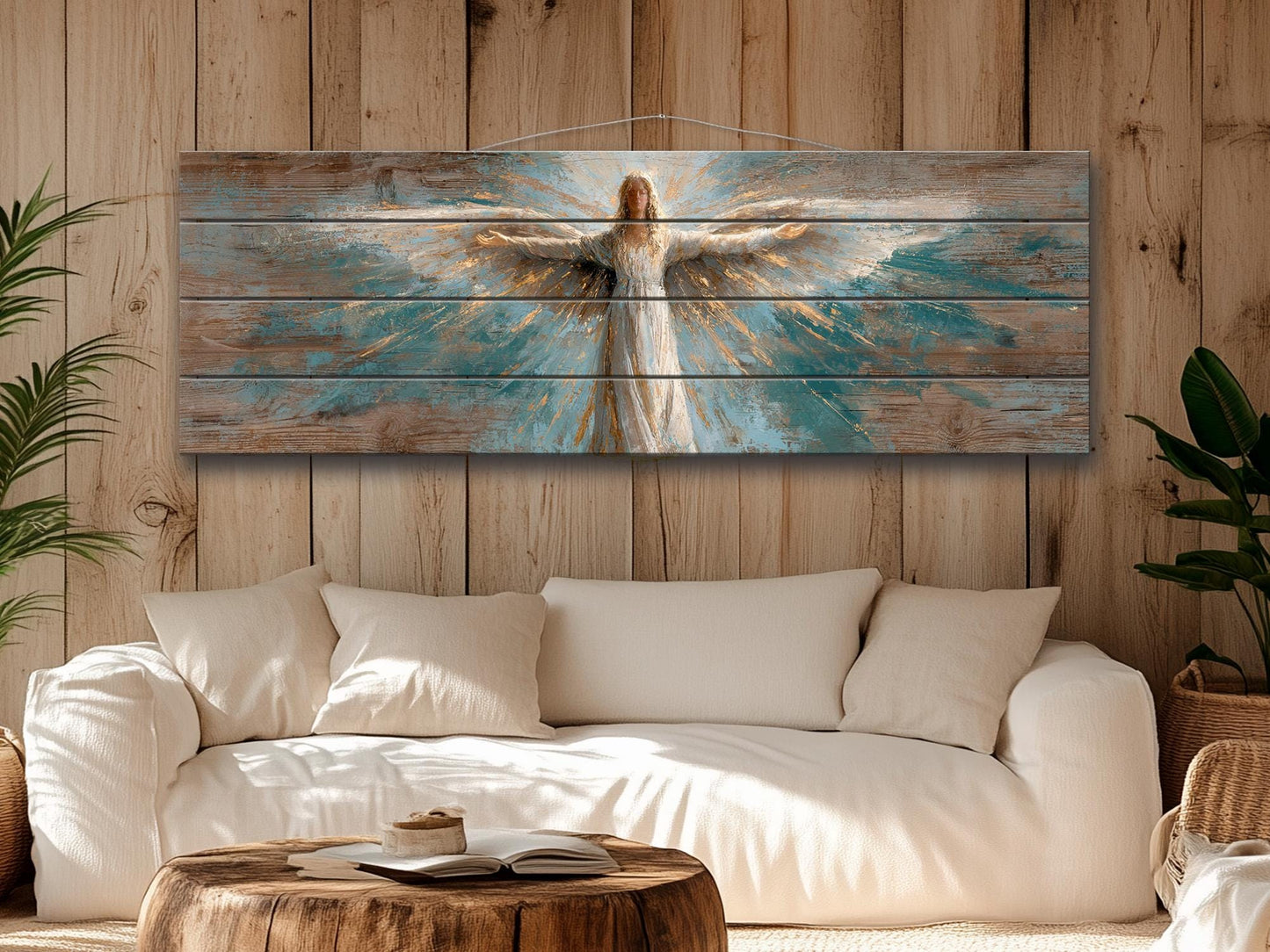 Angel Wood Wall Art – Rustic Christian Art | Handcrafted Wooden Angel Decor Print on Wood