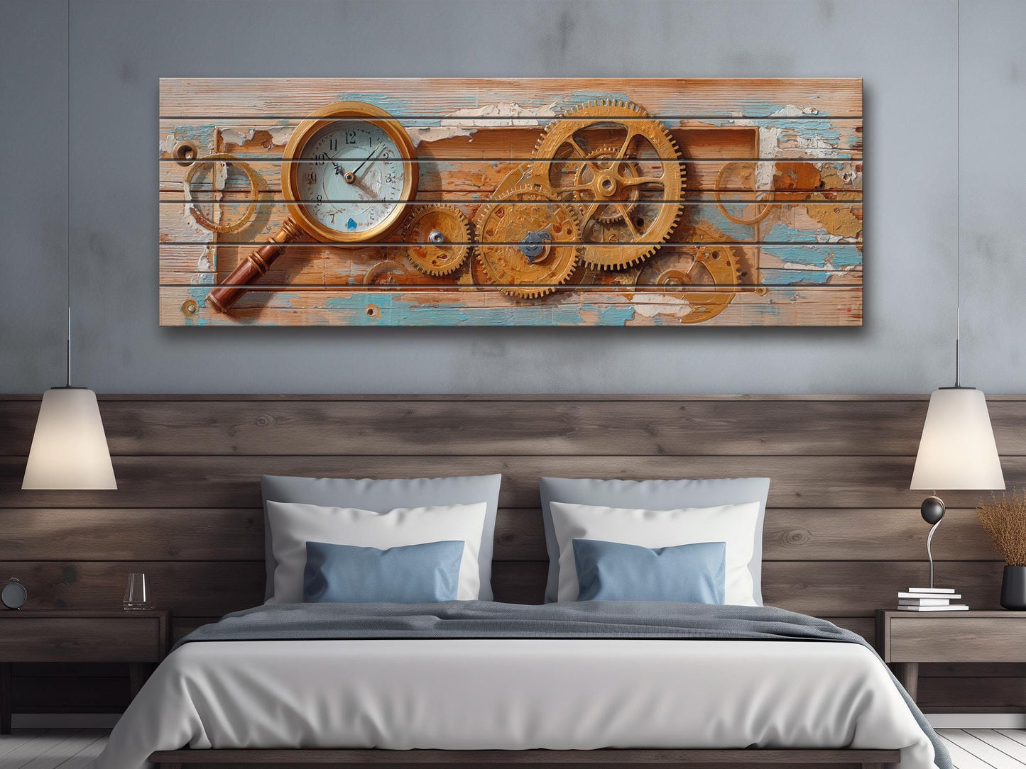 Rustic Steampunk Wall Art – Clockmaker Wood Print With Gears & Magnifier on Wood