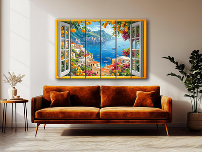 Amalfi Coast Wall Art - Rustic Wood Plank Artwork With Window View Print