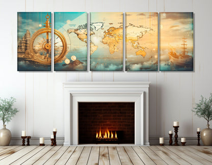 Travel Wall Art, Nautical Canvas Art, Abstract World Map Painting Canvas Print, Sailing Wall Art, Sailor Gift, Framed and Ready to Hang